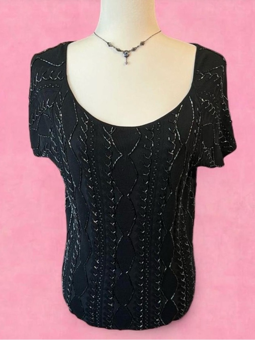 Vintage Myne Black Short-Sleeve Scoop-Neck Cable beaded Top 100% silk